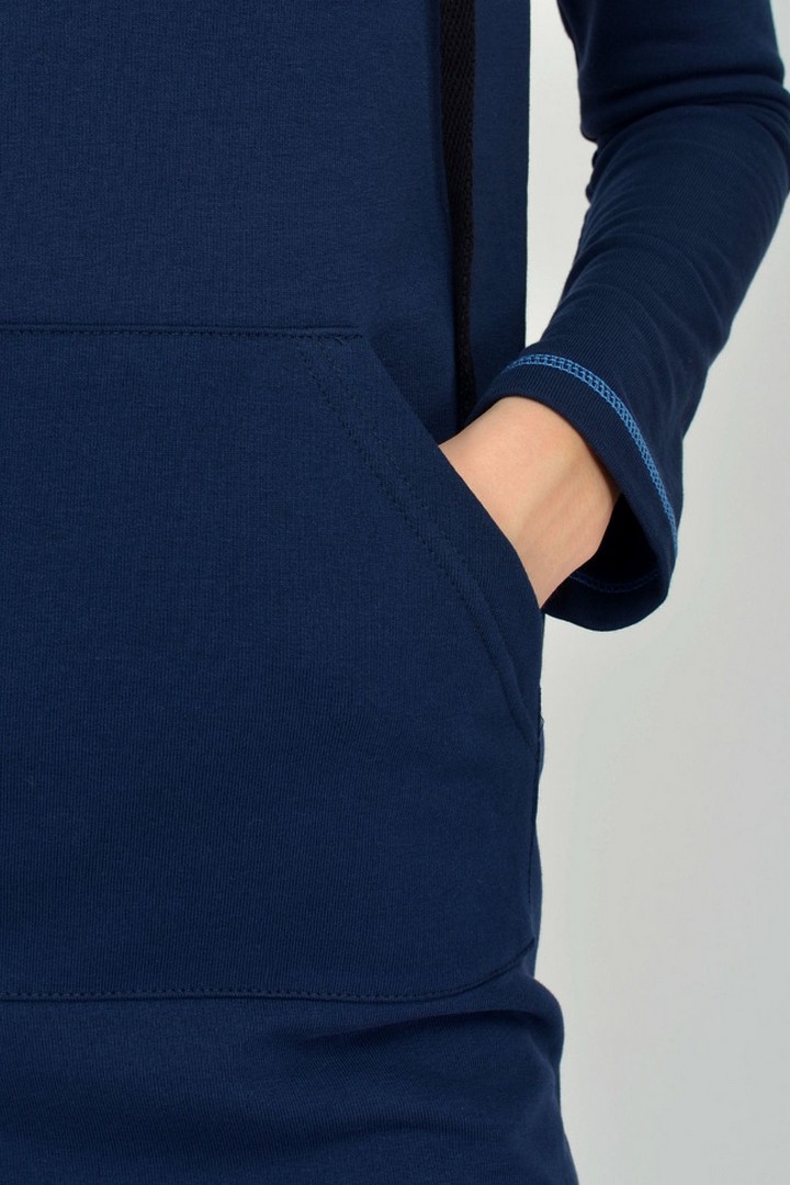 Фото товара 19883, темно-синее трикотажное платье с капюшоном